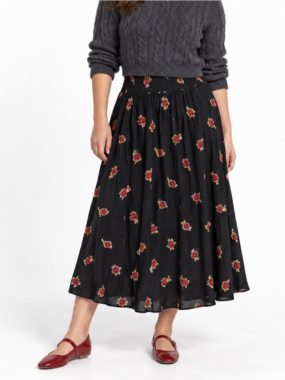 Vintage 90s Carole Little Black Rosebud Rose Floral Rayon Midi Skirt Large